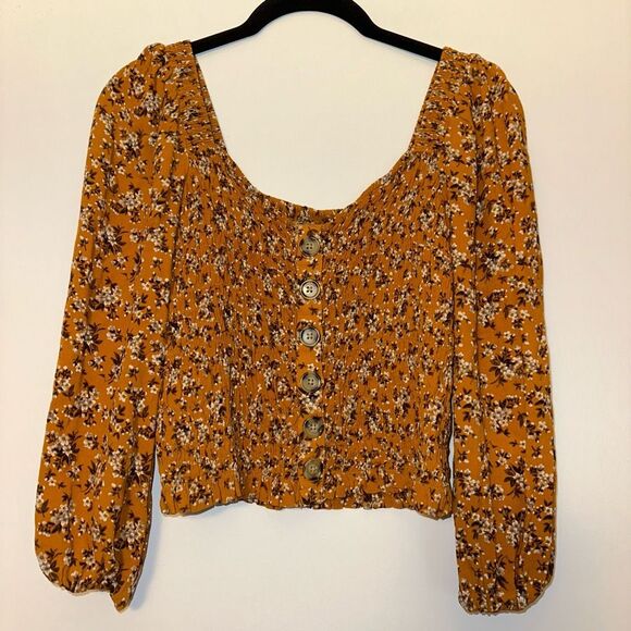 American Eagle Outfitters Tops - American Eagle Small Boho Orange Gold Floral Button 3/4 Sleeve Shirt Womens EUC